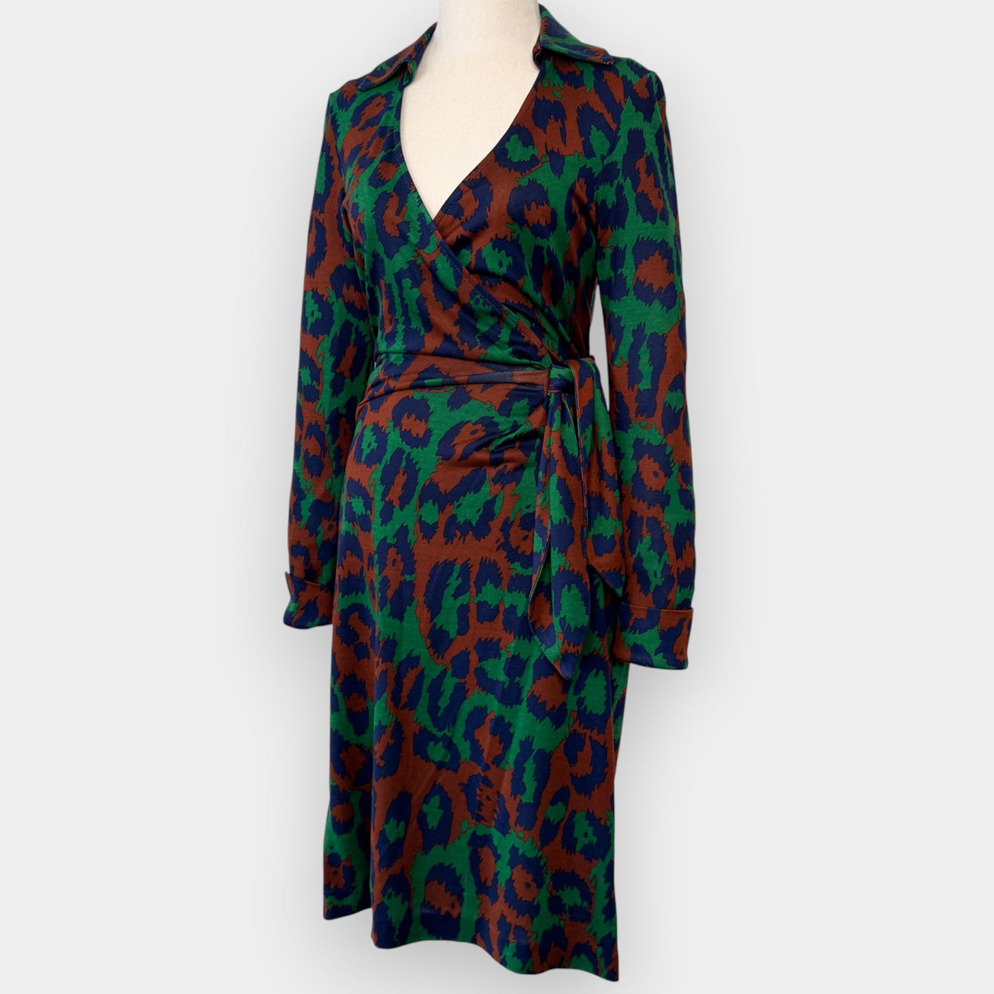 Diane Von Furstenberg Green Blue Brown 100% Silk Waist Tie Dress AU8