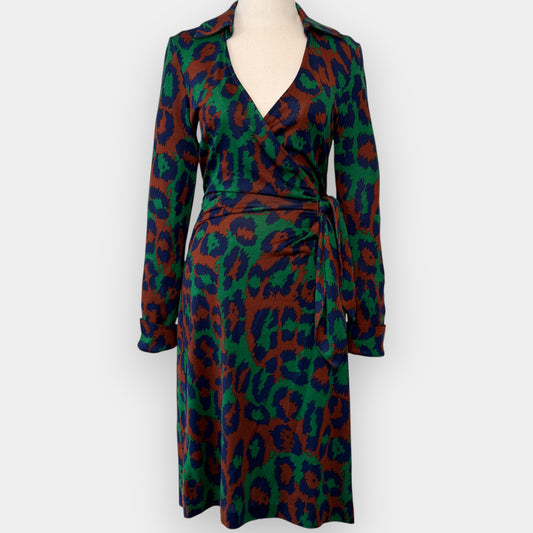 Diane Von Furstenberg Green Blue Brown 100% Silk Waist Tie Dress AU8