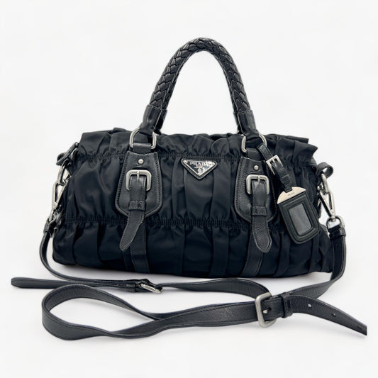 Prada Black Gaufre Ruched Tessuti Nylon & Leather Trim Bag