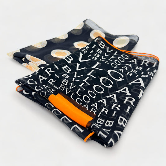 Bvlgari Black and Orange Silk Chiffon Logo Square Scarves (Set Of 2)