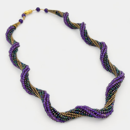 Patrick Duggan Twisted Spiral Purple & Gold Glass Bead Necklace