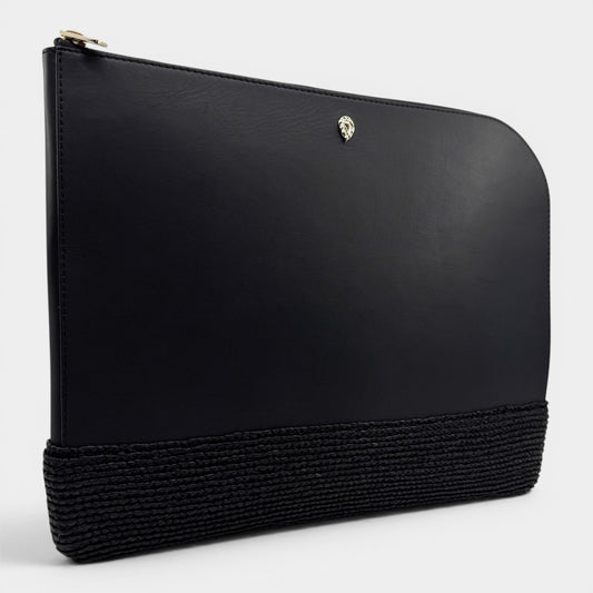Helen Kaminski Black Leather Raffia Folio Case Clutch Bag