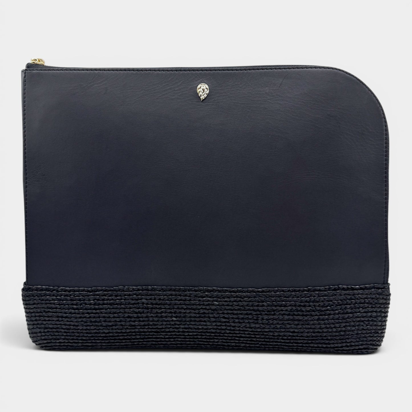 Helen Kaminski Black Leather Raffia Folio Case Clutch Bag