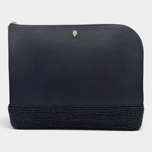 Helen Kaminski Black Leather Raffia Folio Case Clutch Bag