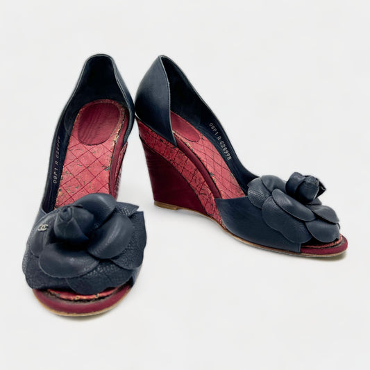 Chanel Navy Blue Leather & Cork Wedge Shoes AU8 ~ EU39