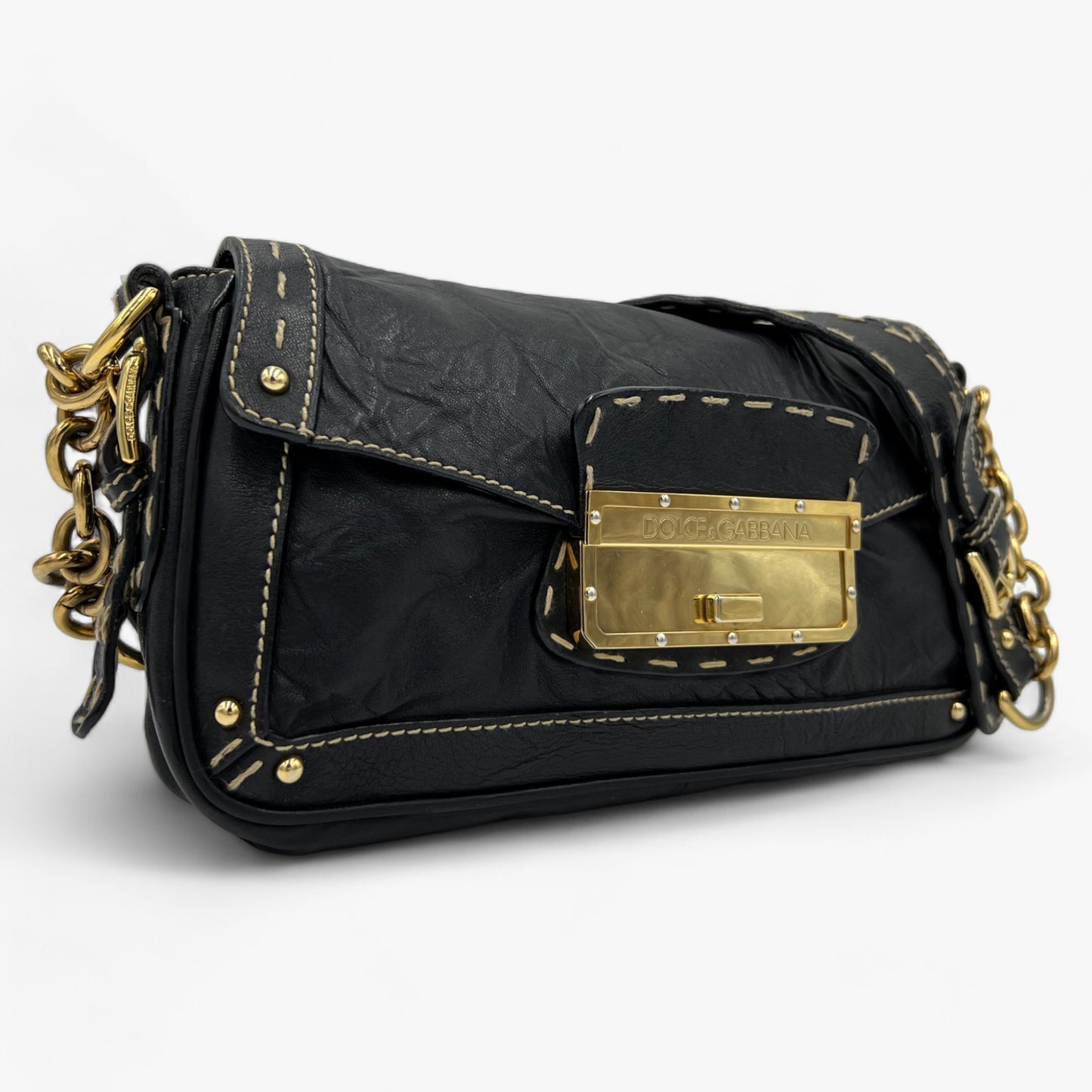 Dolce & Gabbana Top Stitched Black Leather Shoulder Bag