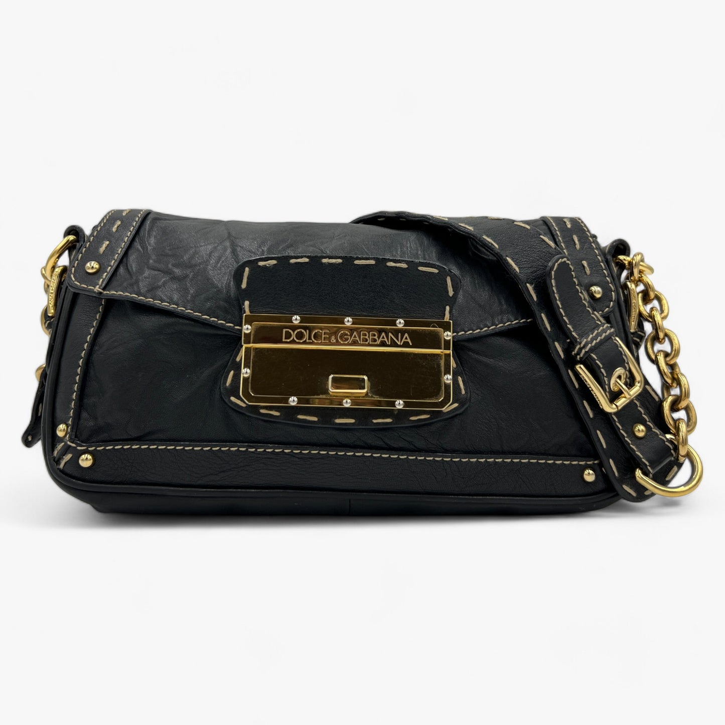 Dolce & Gabbana Top Stitched Black Leather Shoulder Bag