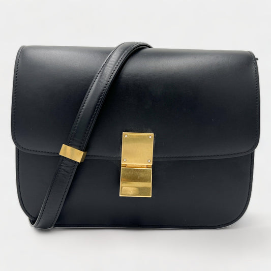 Céline Classic Black Leather Box Shoulder Crossbody Bag Medium