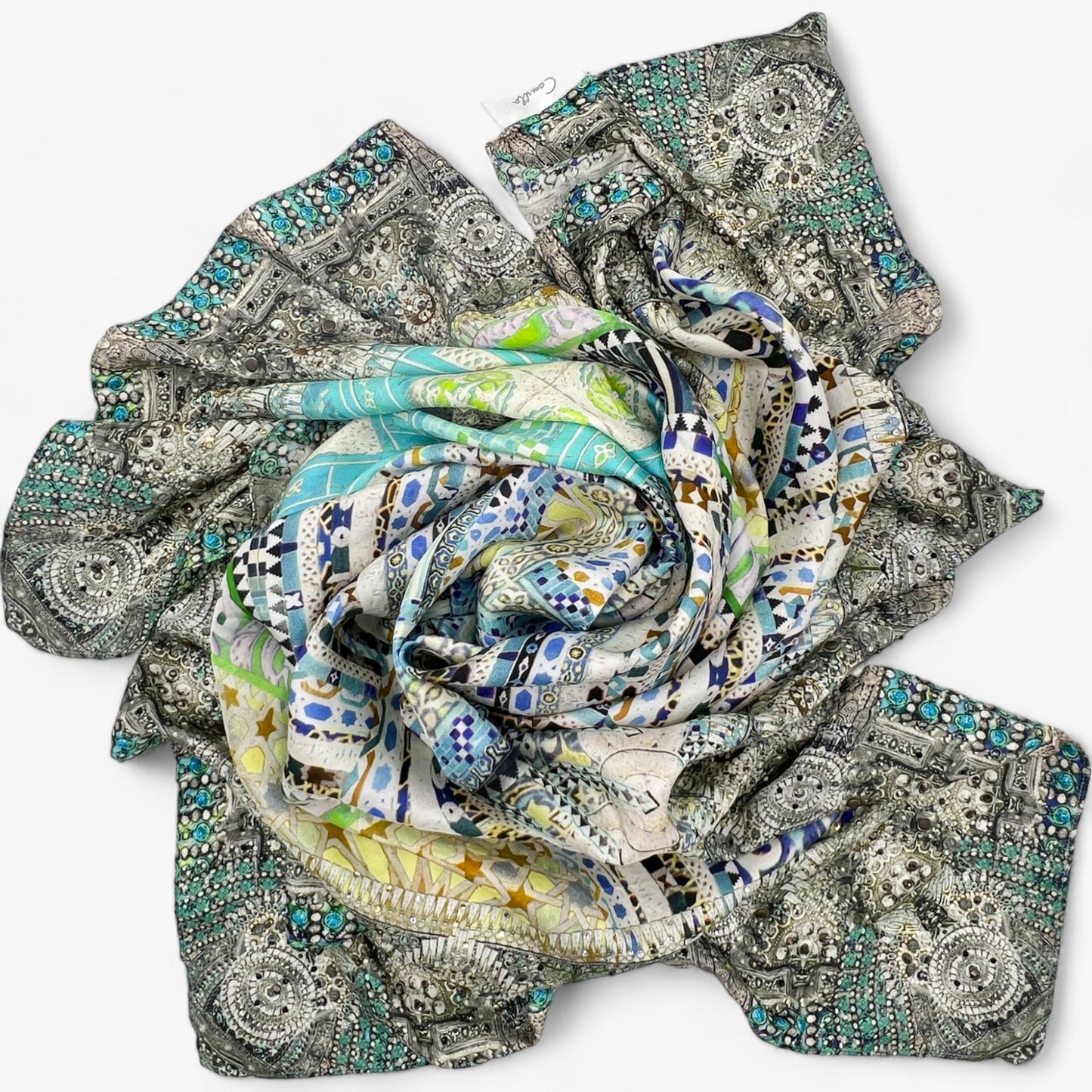 Camilla Silk Large Square Indian Print Turquoise & Yellow Scarf