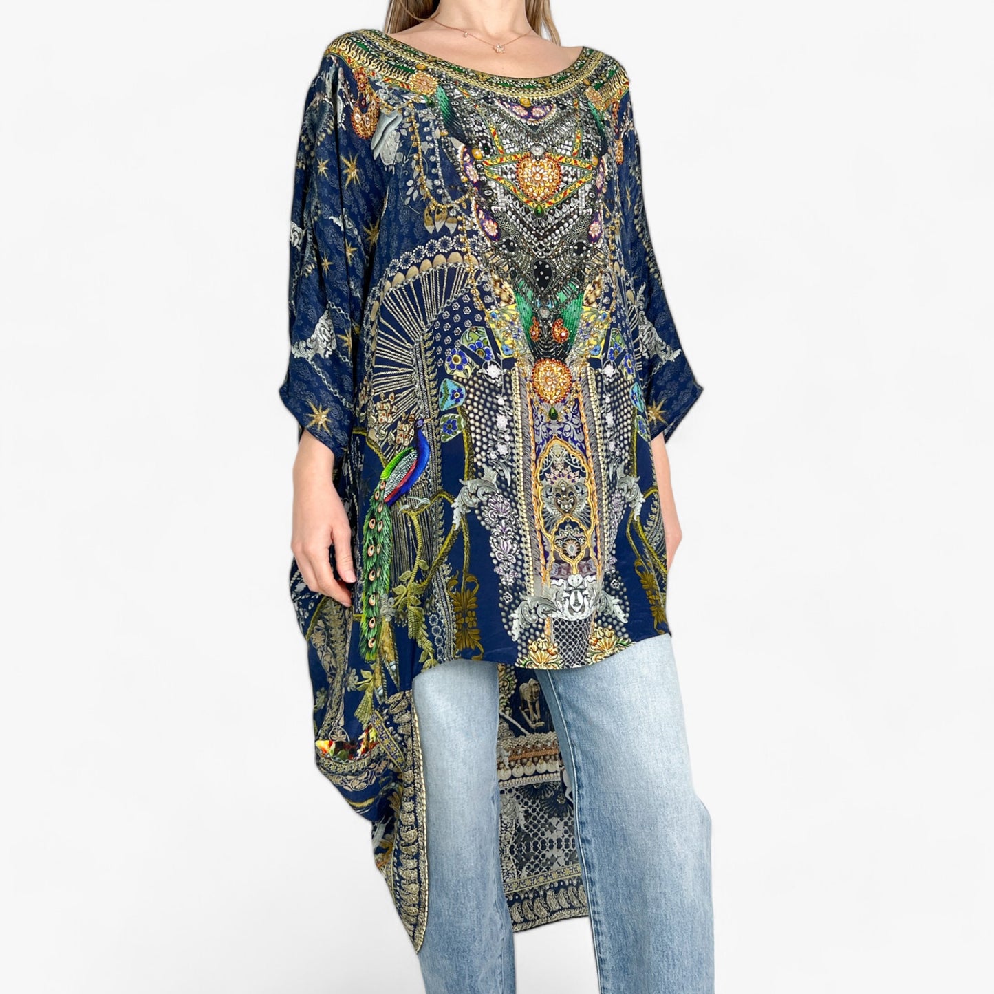 Camilla Navy Blue Botanical Kaftan Top Dress O/S ~ AU10~12~14~16