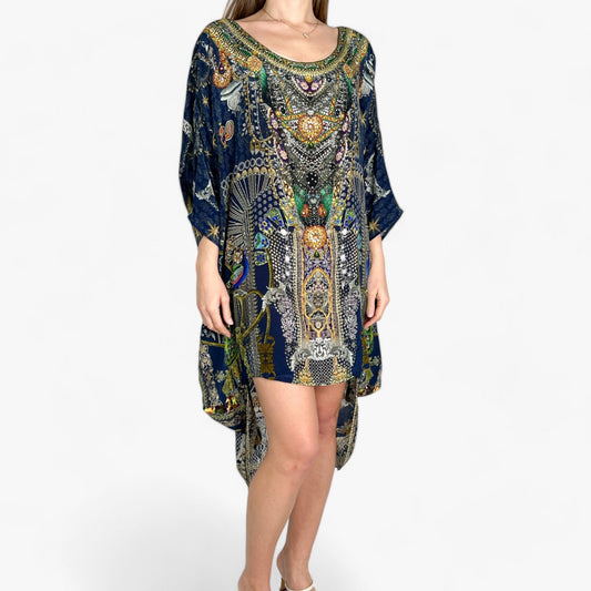 Camilla Navy Blue Botanical Kaftan Top Dress O/S ~ AU10~12~14~16