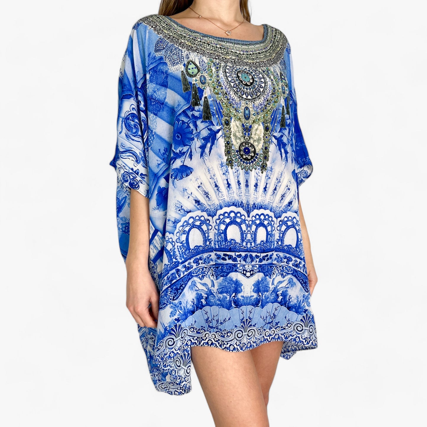 Camilla Blue Floral & Jewel Print Kaftan Top Dress O/S ~ AU10~12~14~16~18