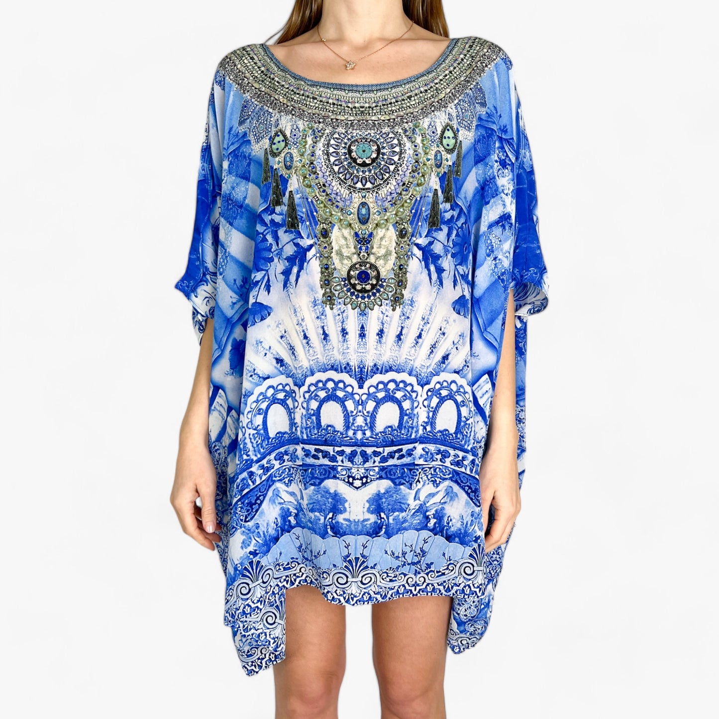 Camilla Blue Floral & Jewel Print Kaftan Top Dress O/S ~ AU10~12~14~16~18