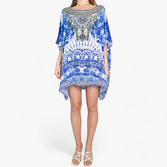 Camilla Blue Floral & Jewel Print Kaftan Top Dress O/S ~ AU10~12~14~16~18