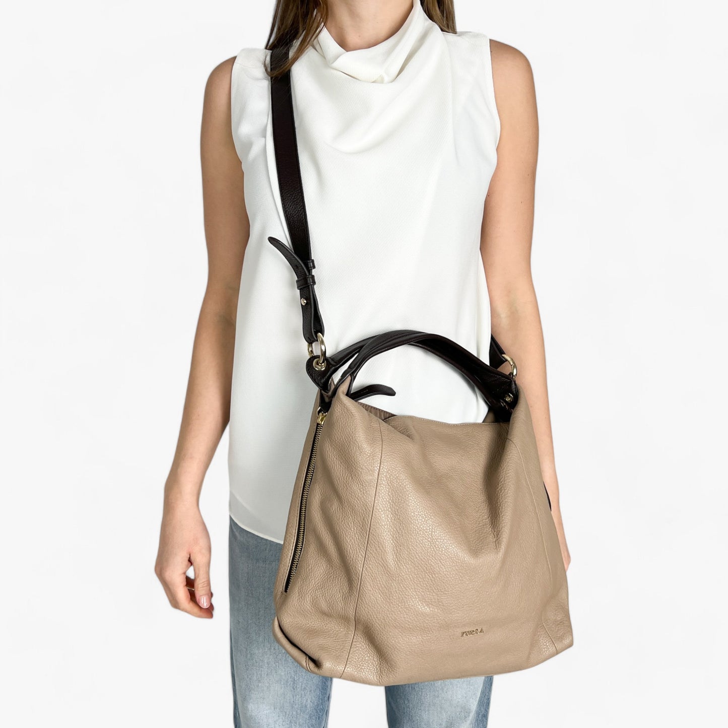 Furla Beige Brown Two-Tone Leather Shoulder Bag