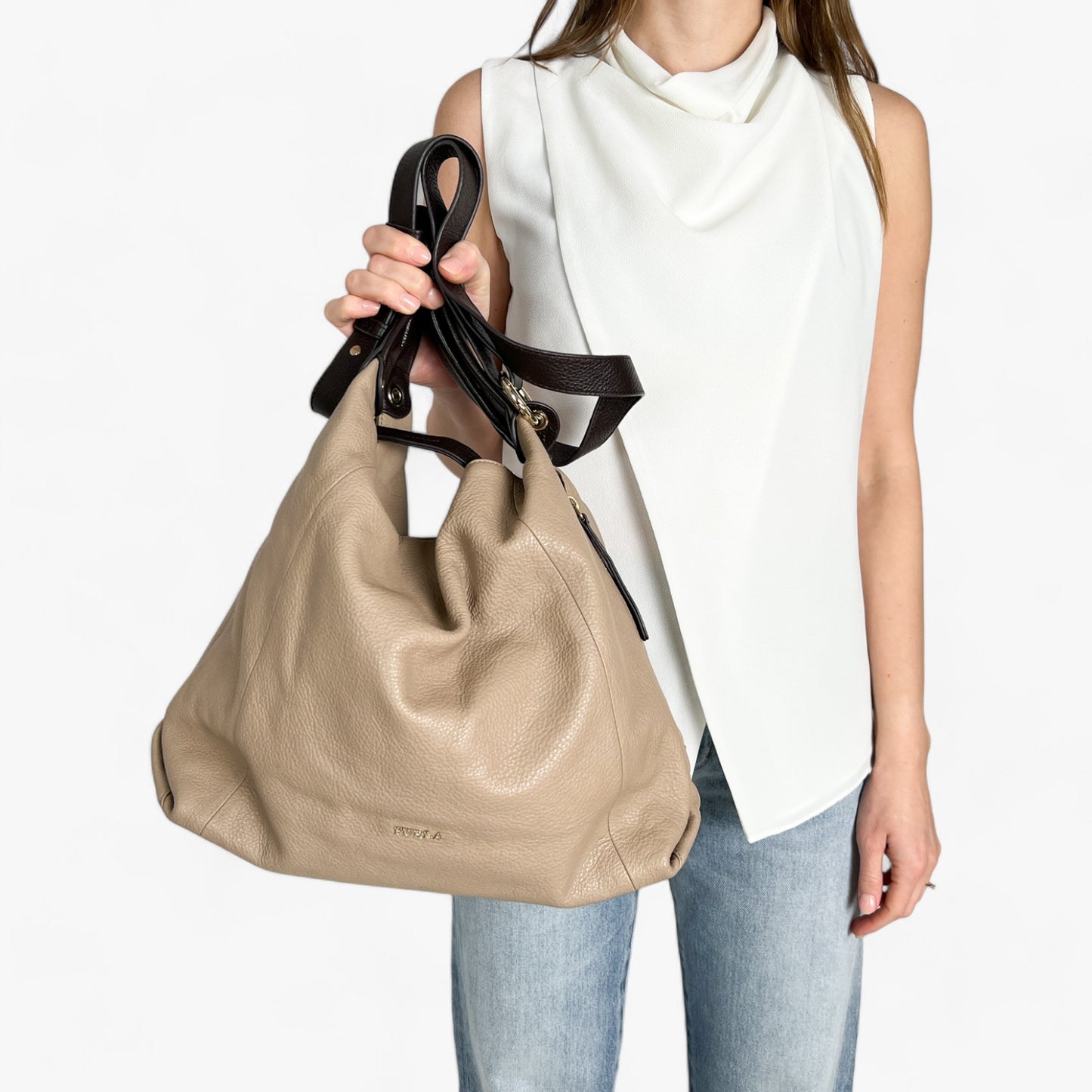 Furla Beige Brown Two-Tone Leather Shoulder Bag