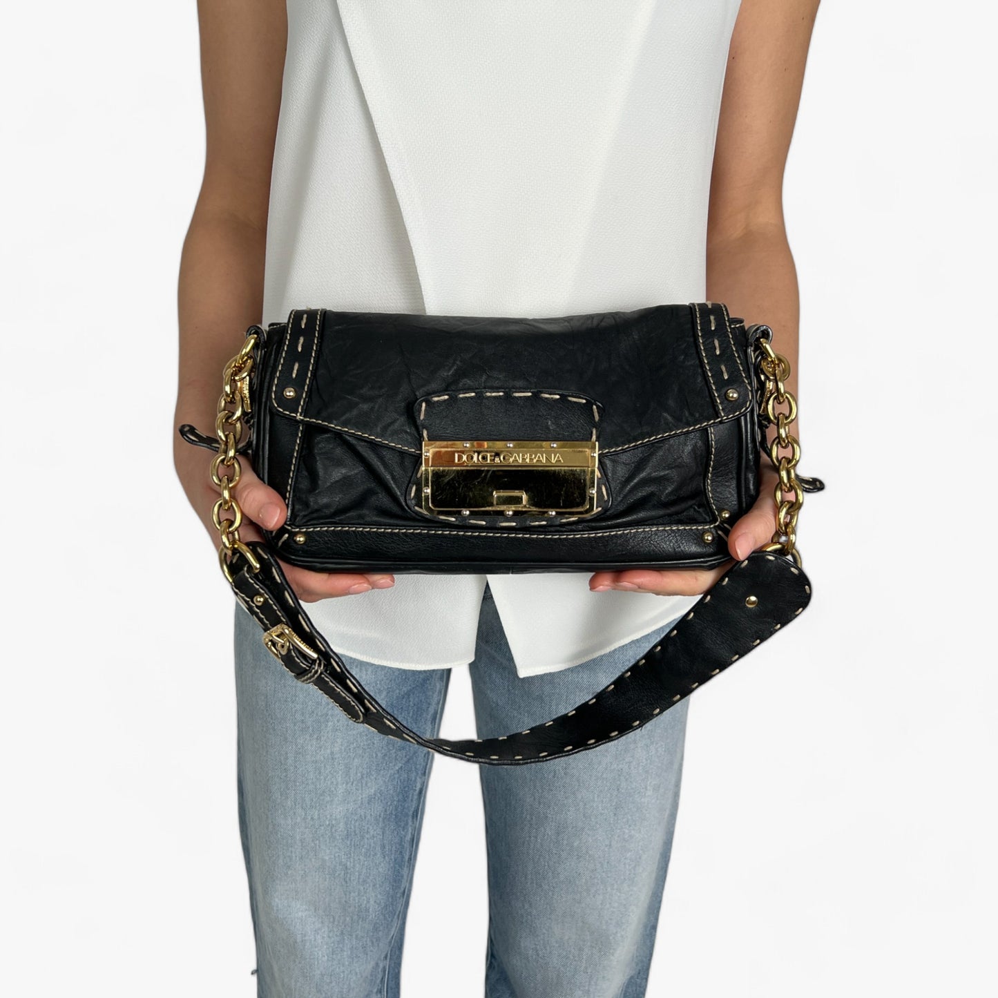 Dolce & Gabbana Top Stitched Black Leather Shoulder Bag