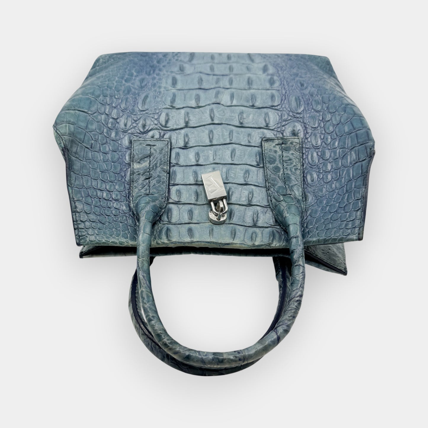 Vintage Furla Blue Croc Embossed Leather Top Handle Bag