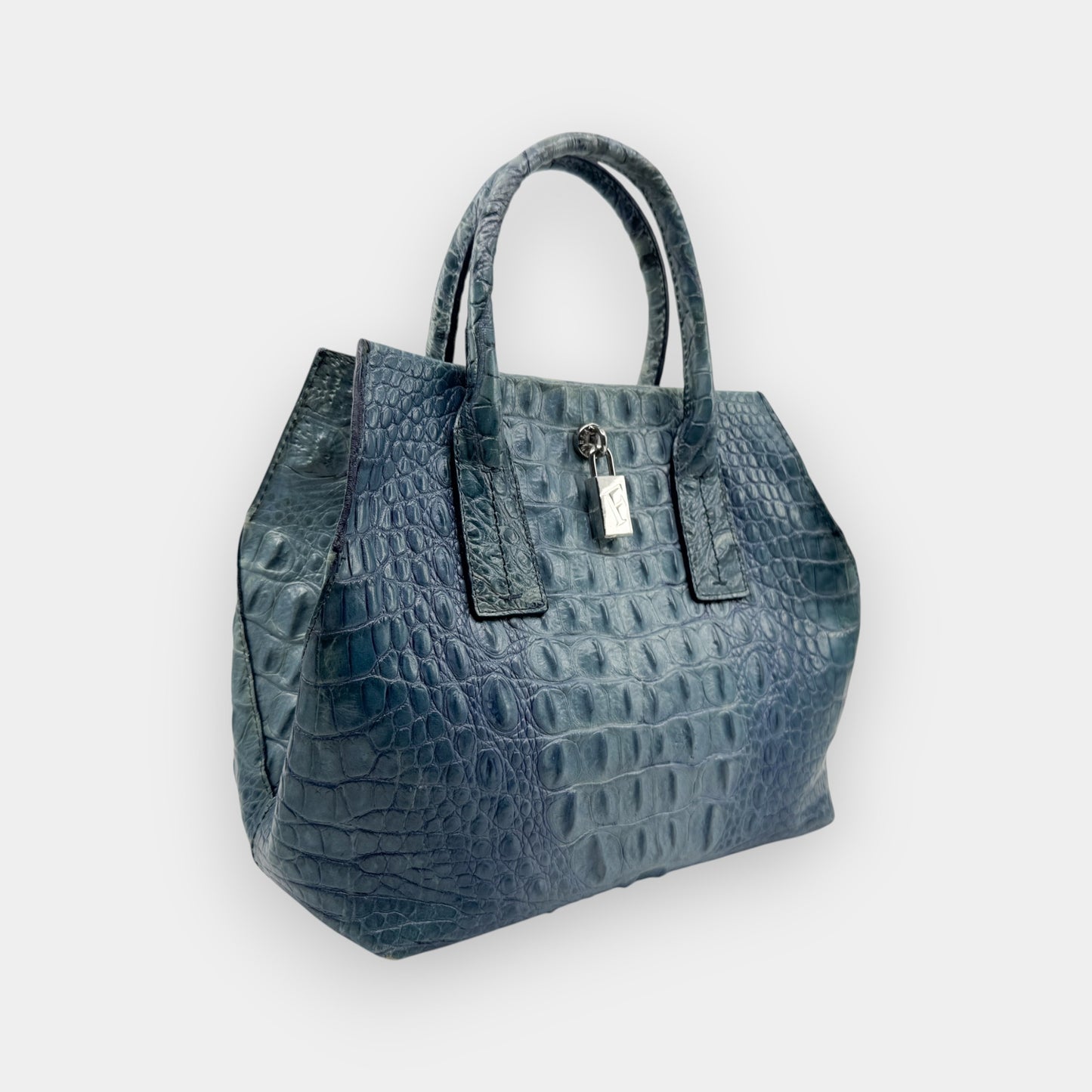 Vintage Furla Blue Croc Embossed Leather Top Handle Bag