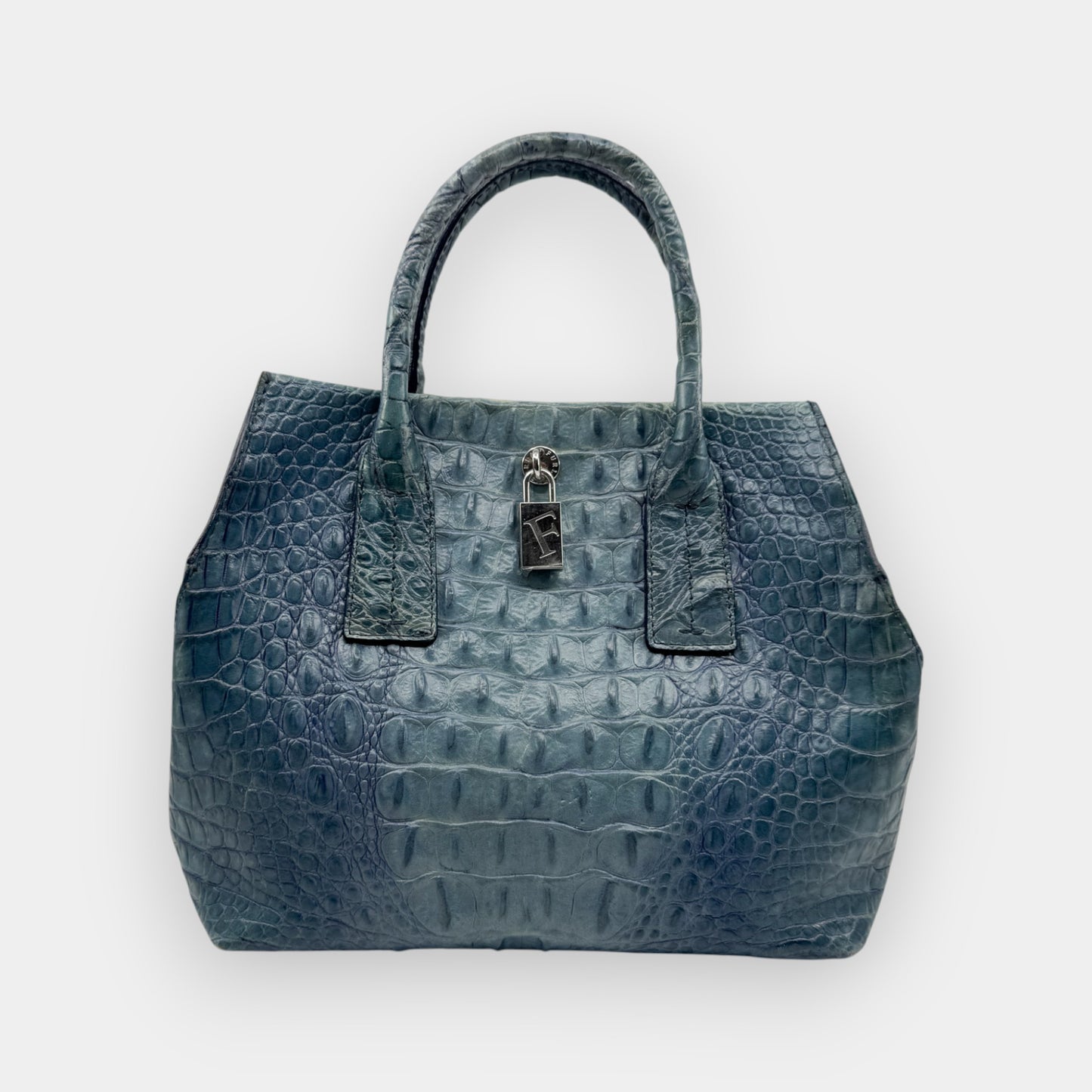 Vintage Furla Blue Croc Embossed Leather Top Handle Bag
