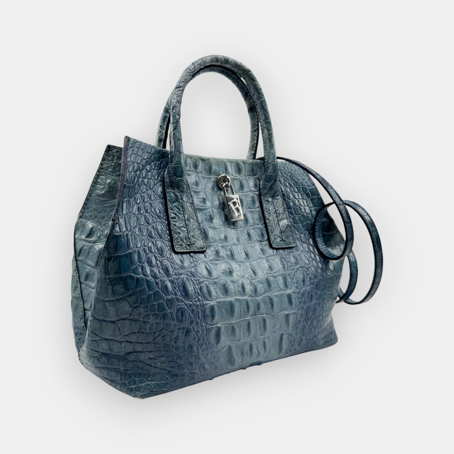 Vintage Furla Blue Croc Embossed Leather Top Handle Bag