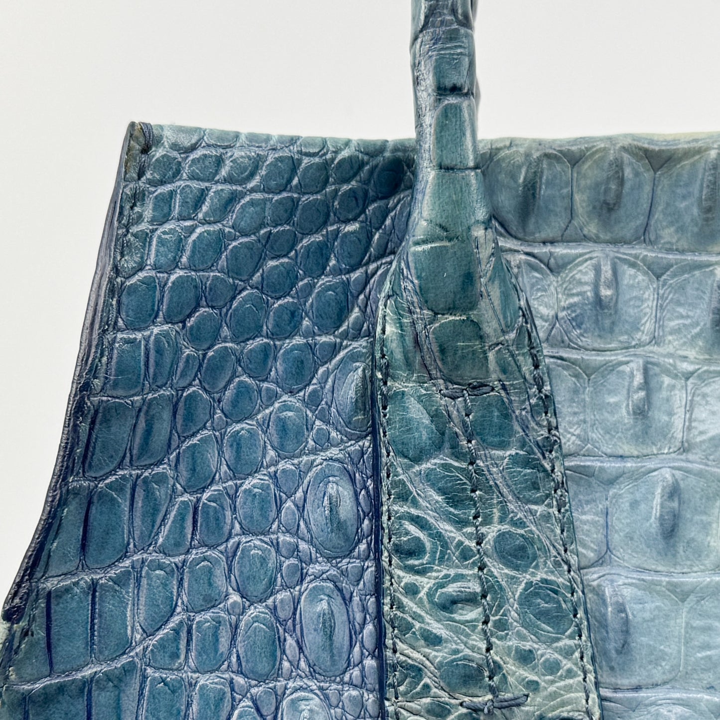 Vintage Furla Blue Croc Embossed Leather Top Handle Bag