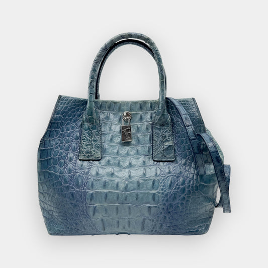 Vintage Furla Blue Croc Embossed Leather Top Handle Bag