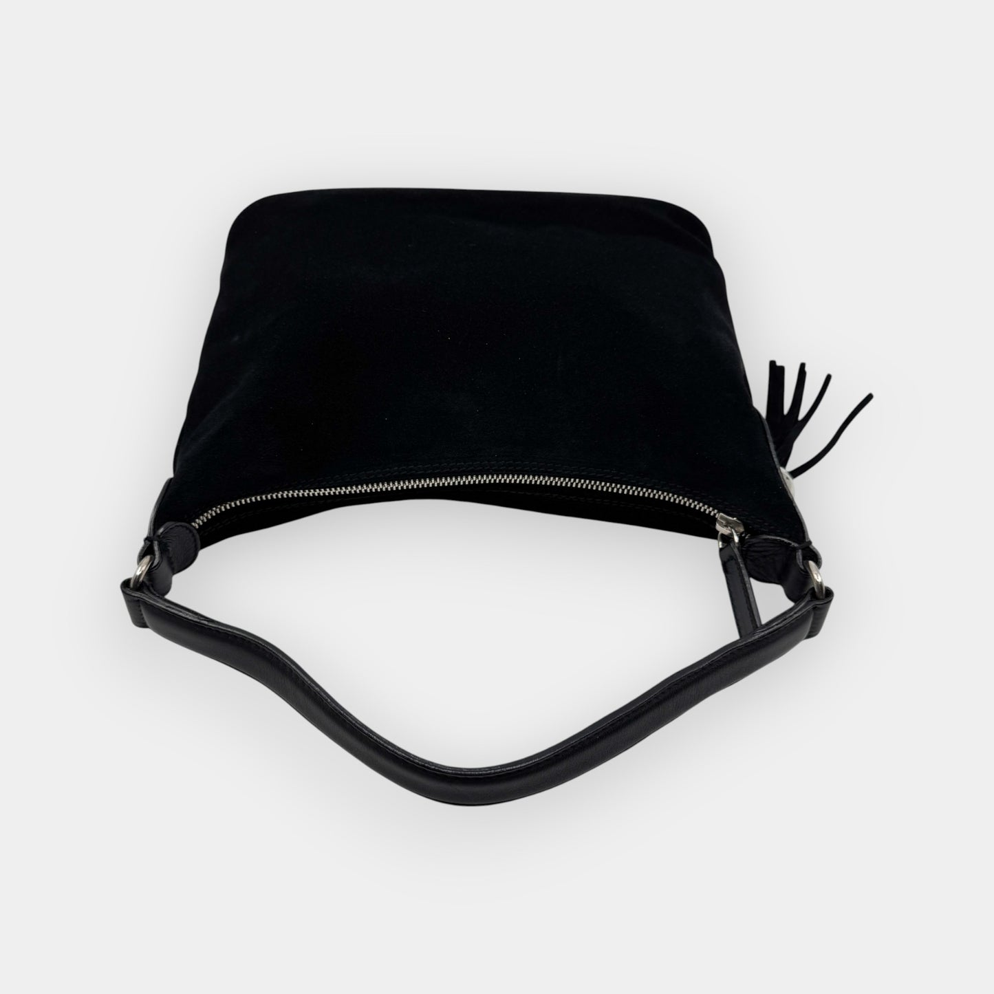 Vintage Furla Black Suede and Leather Top Handle Zip Bag