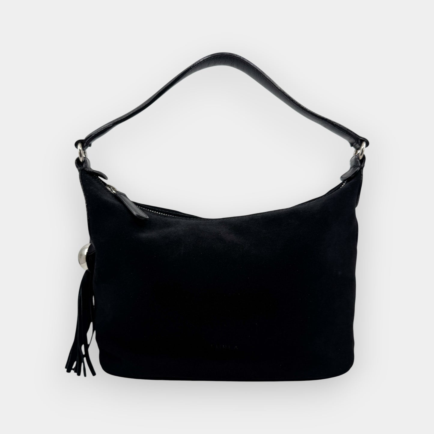 Vintage Furla Black Suede and Leather Top Handle Zip Bag