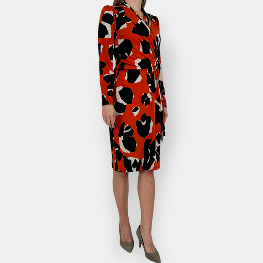 Joseph Ribkoff Orange Black Cream Jersey Wrap Dress AU14 [NEW]