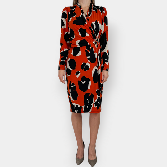 Joseph Ribkoff Orange Black Cream Jersey Wrap Dress AU14 [NEW]