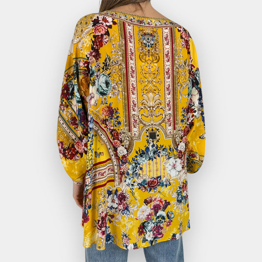 Camilla Yellow Crowned Roses Long Sleeve Tie-Neck Floral Silk Top One Size ~ AU10-12-14