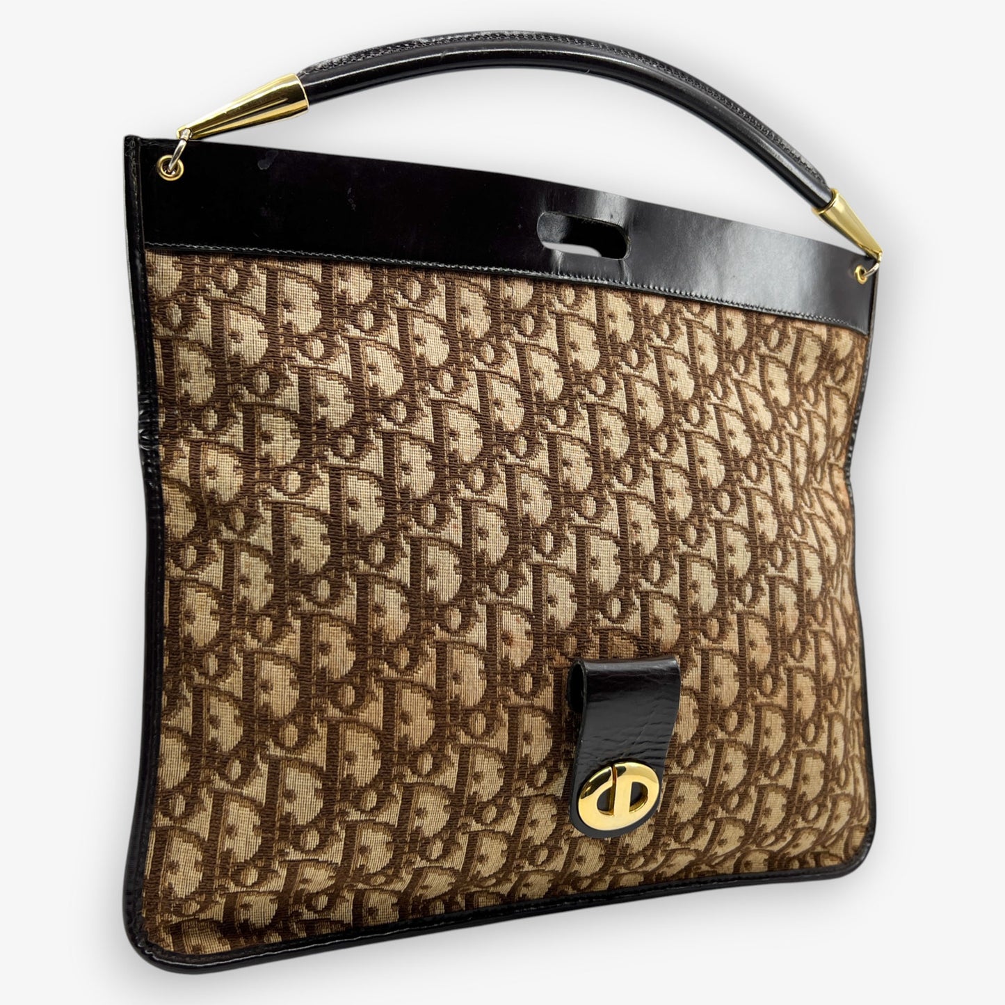 Christian Dior Vintage Jacquard Trotter Canvas & Leather Fold Over Clutch Bag