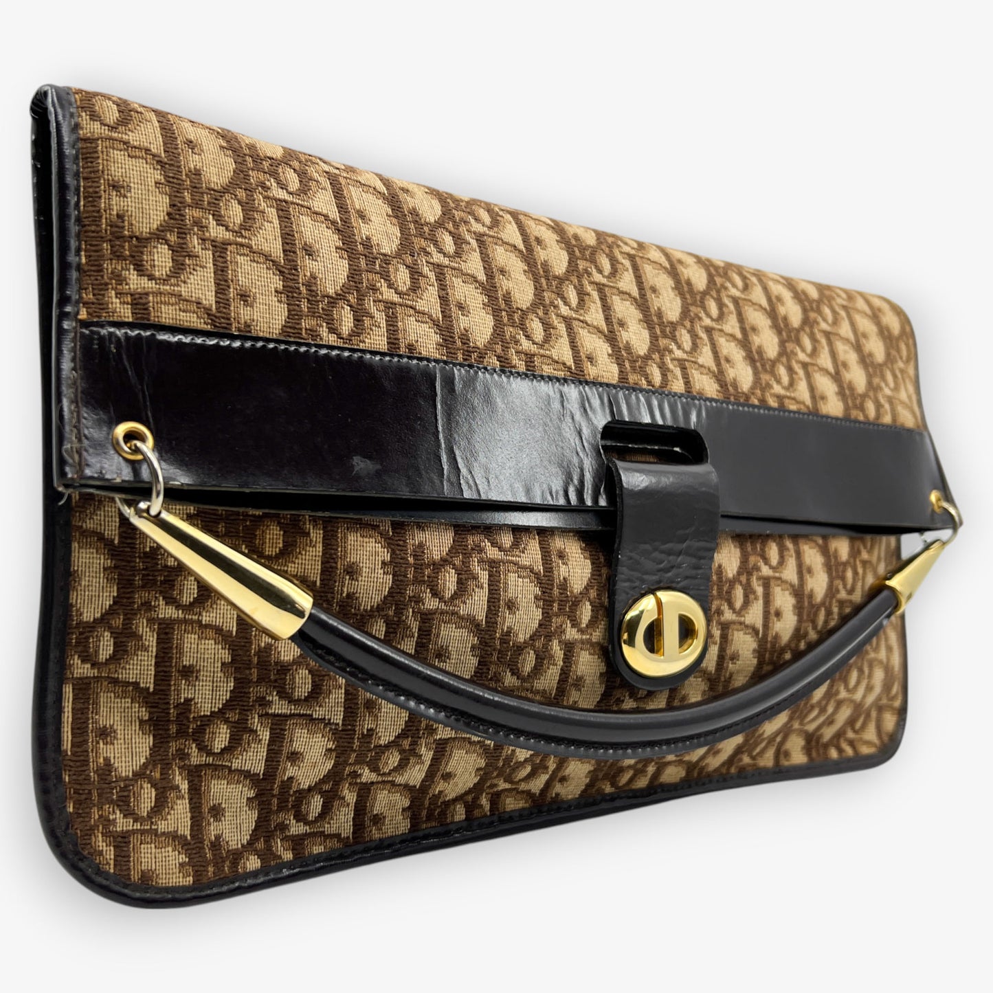 Christian Dior Vintage Jacquard Trotter Canvas & Leather Fold Over Clutch Bag