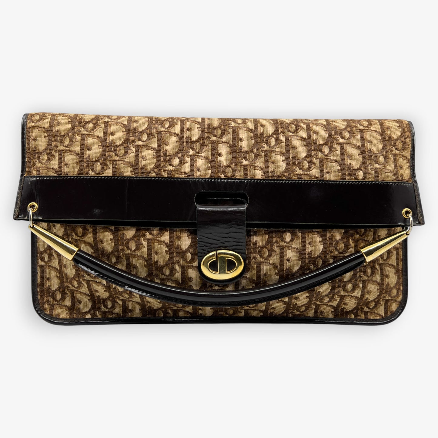 Christian Dior Vintage Jacquard Trotter Canvas & Leather Fold Over Clutch Bag