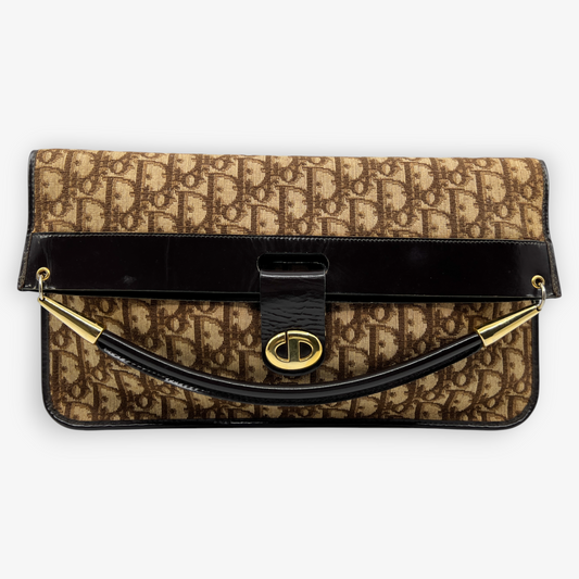 Christian Dior Vintage Jacquard Trotter Canvas & Leather Fold Over Clutch Bag