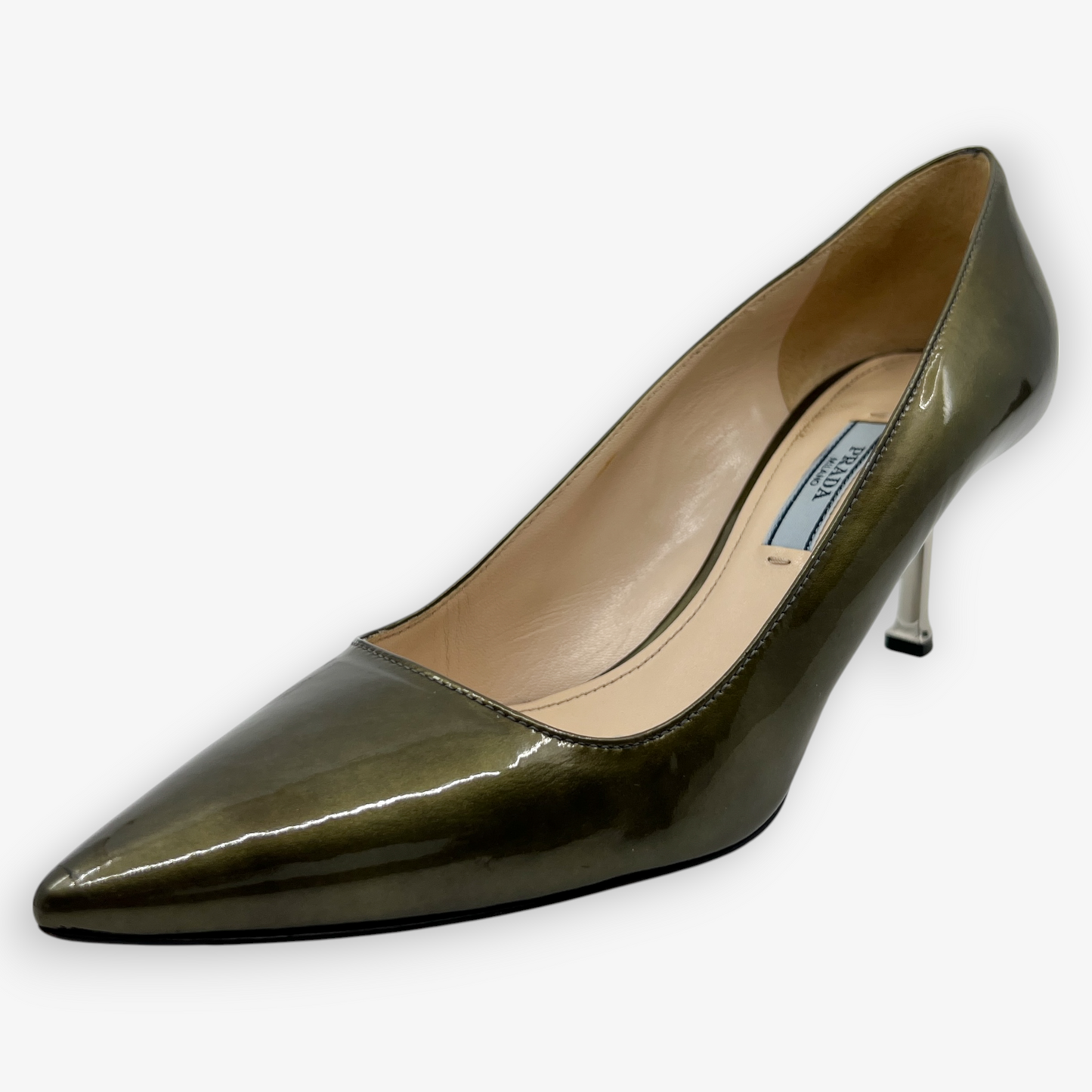 Prada Olive Green Patent Leather Heeled Shoes EU38 ~ AU7