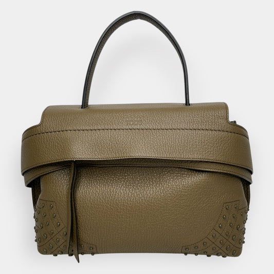 Tod's Khaki Green Leather Studded Large Wave Shoulder & Handbag