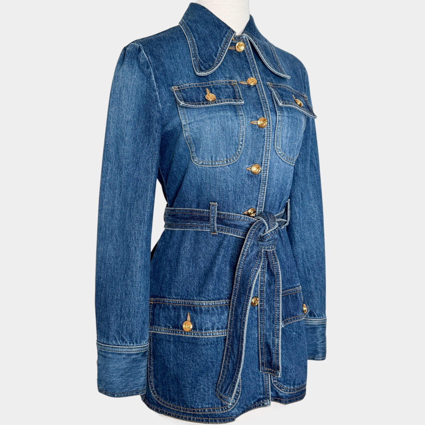 Gucci Eco Washed Organic Blue Denim Safari Jacket EU38 ~ AU8