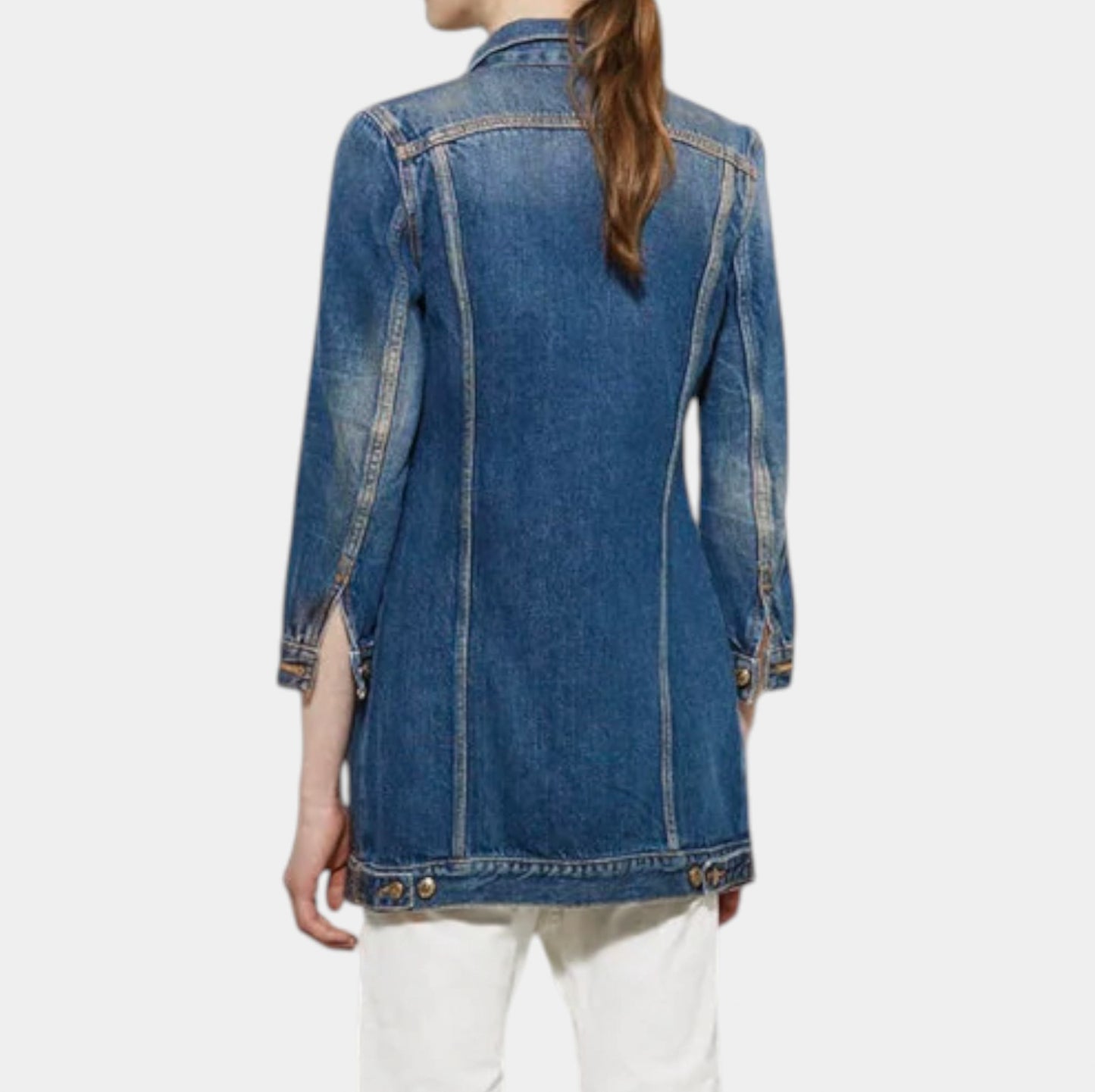 R13 Blue Wash Denim Long Tailored Trucker Jacket Large ~ AU8-10