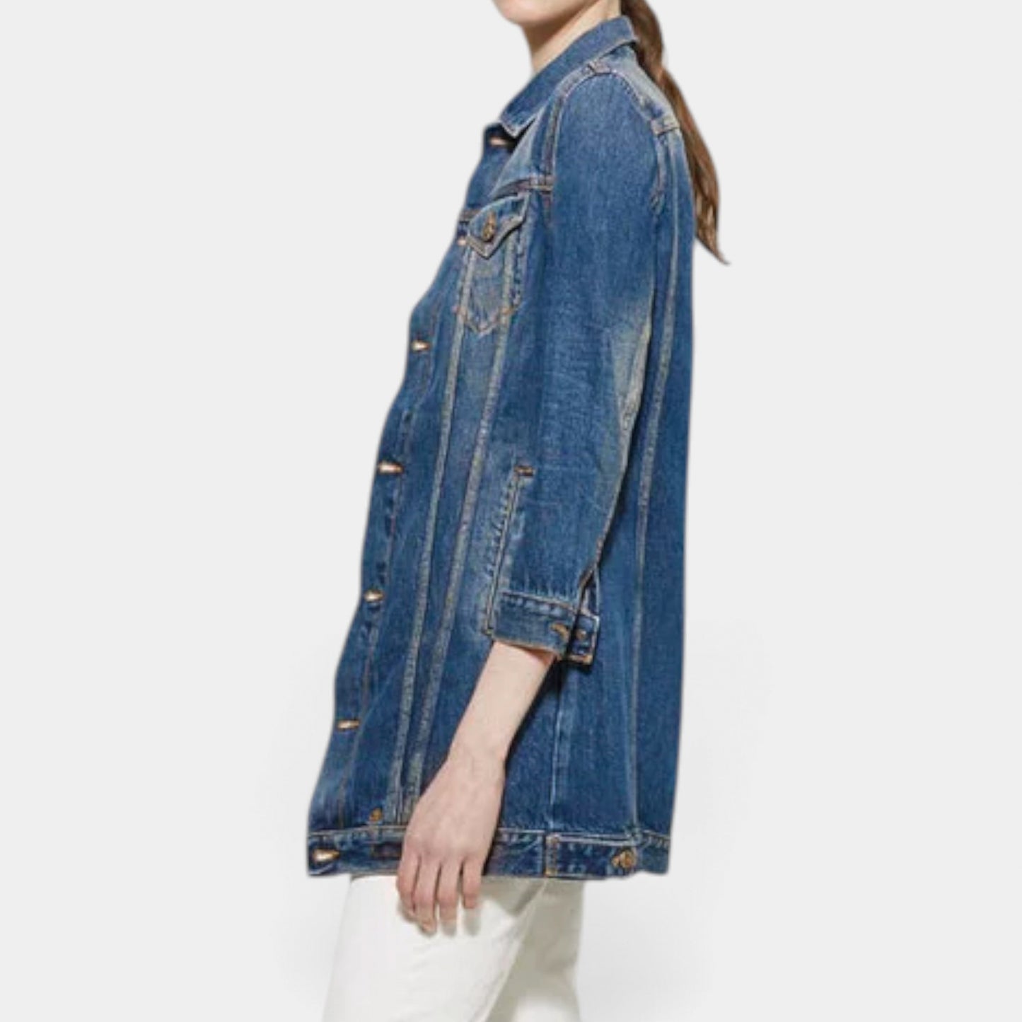 R13 Blue Wash Denim Long Tailored Trucker Jacket Large ~ AU8-10