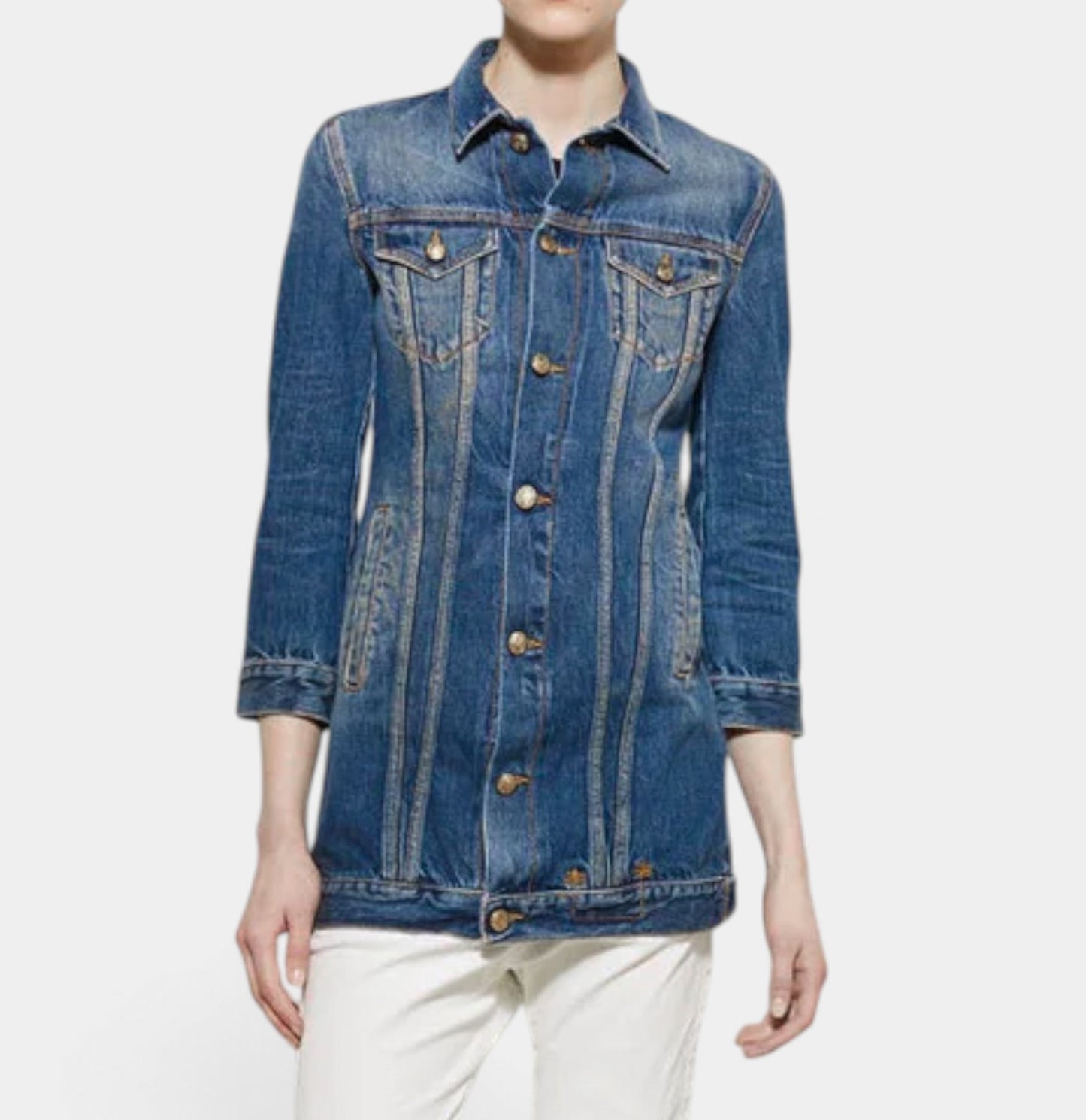 R13 Blue Wash Denim Long Tailored Trucker Jacket Large ~ AU8-10