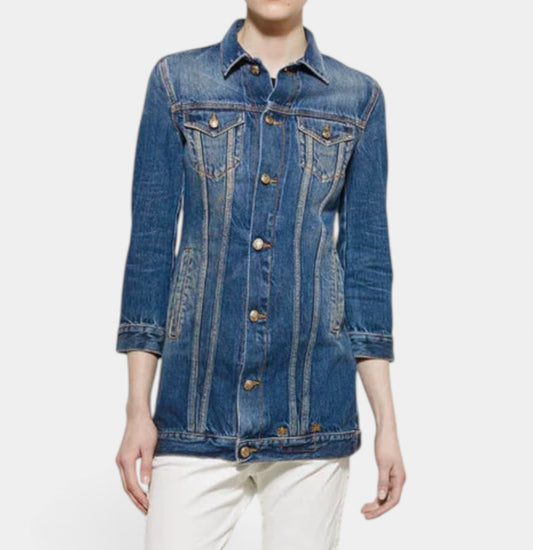 R13 Blue Wash Denim Long Tailored Trucker Jacket Large ~ AU8-10