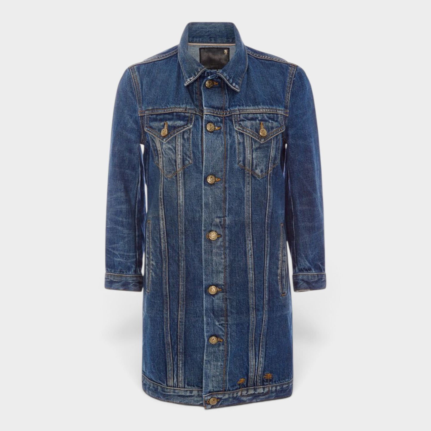 R13 Blue Wash Denim Long Tailored Trucker Jacket Large ~ AU8-10