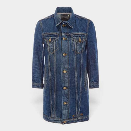 R13 Blue Wash Denim Long Tailored Trucker Jacket Large ~ AU8-10