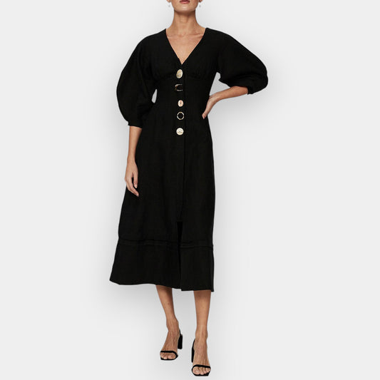 Rachel Gilbert Black Linen Capri V-Neck Midi Dress Small ~ AU6