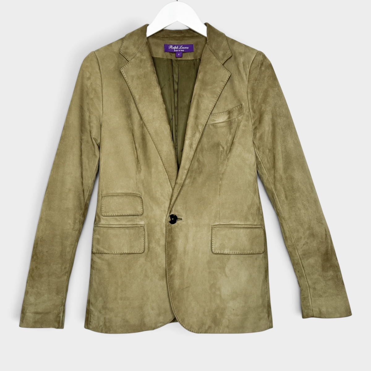 Studio61 Preloved Boutique Sydney Ralph Lauren Collection olive green lamb suede blazer with notched lapels
