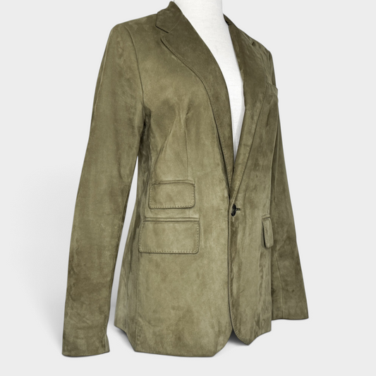 Studio61 Preloved Boutique Sydney olive green lamb suede blazer with notched lapels and single-button front closure