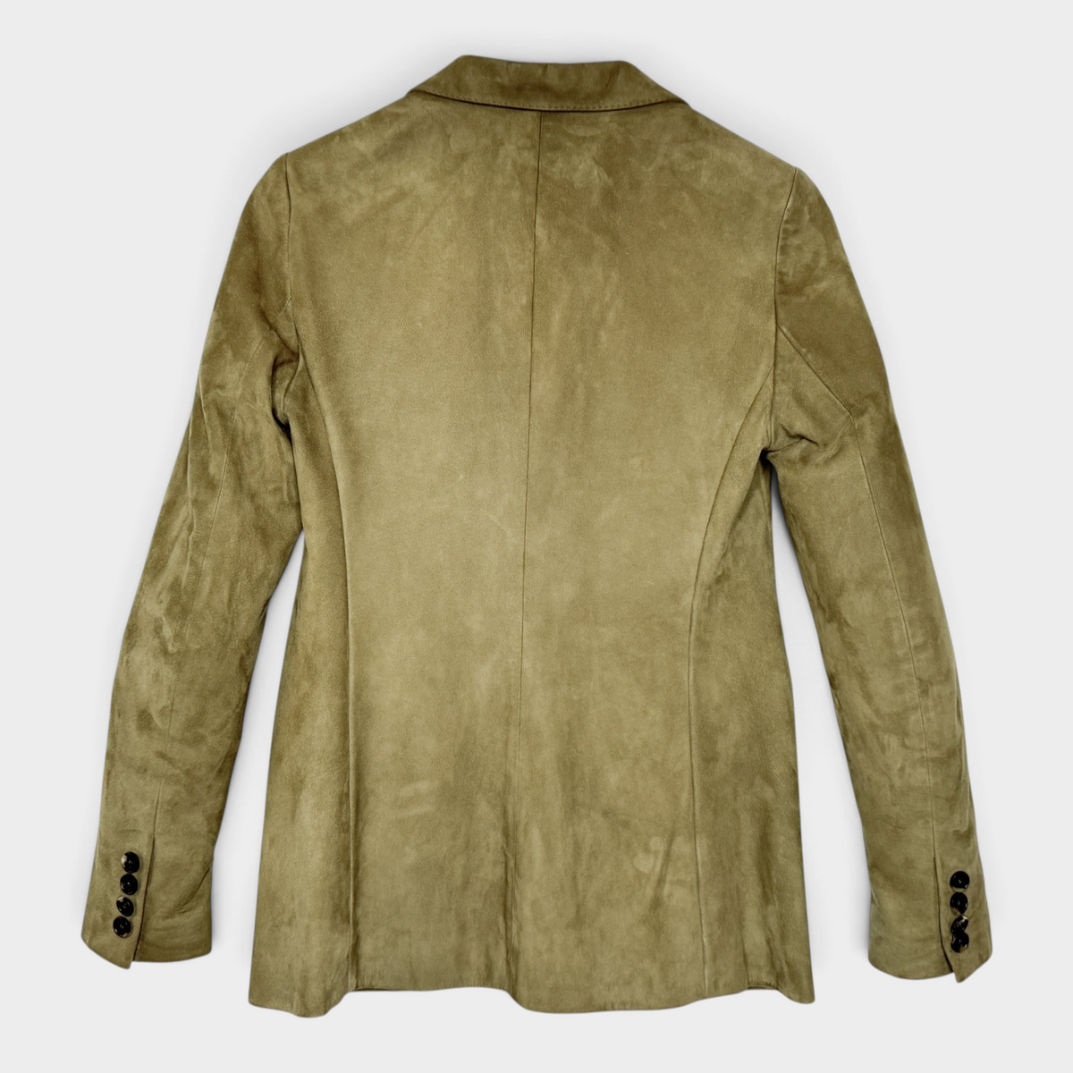 Back view of a Studio61 Preloved Boutique Sydney Ralph Lauren Collection olive green lambs suede blazer jacket