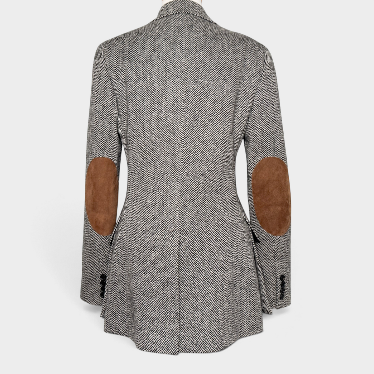 Studio61 Preloved Boutique Sydney Ralph Lauren Preston herringbone wool tweed jacket with brown lamb suede elbow patches